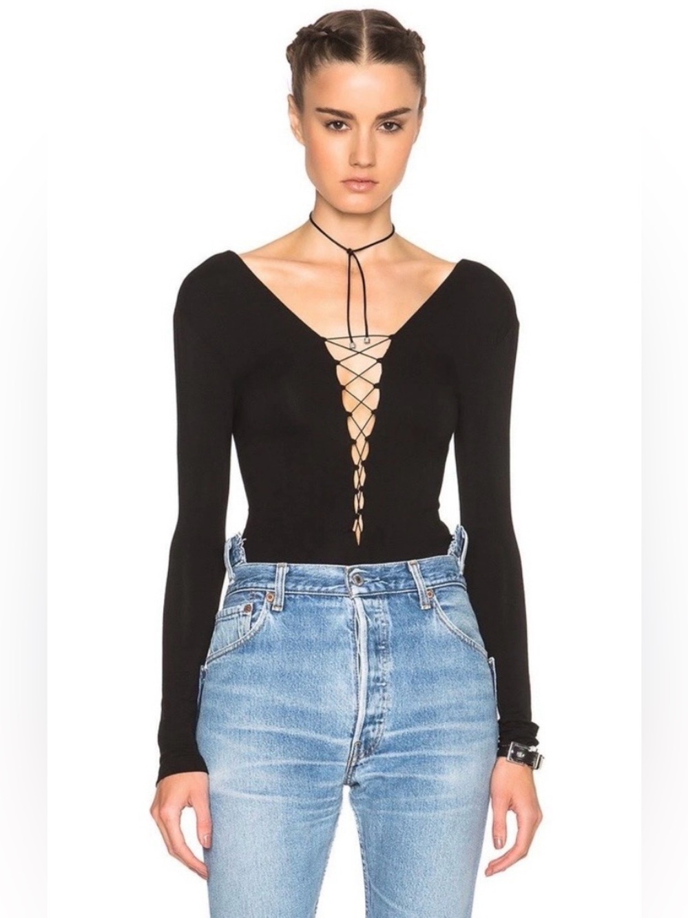 Alexander Wang Black Long-Sleeve Lace-Up Bodysuit large